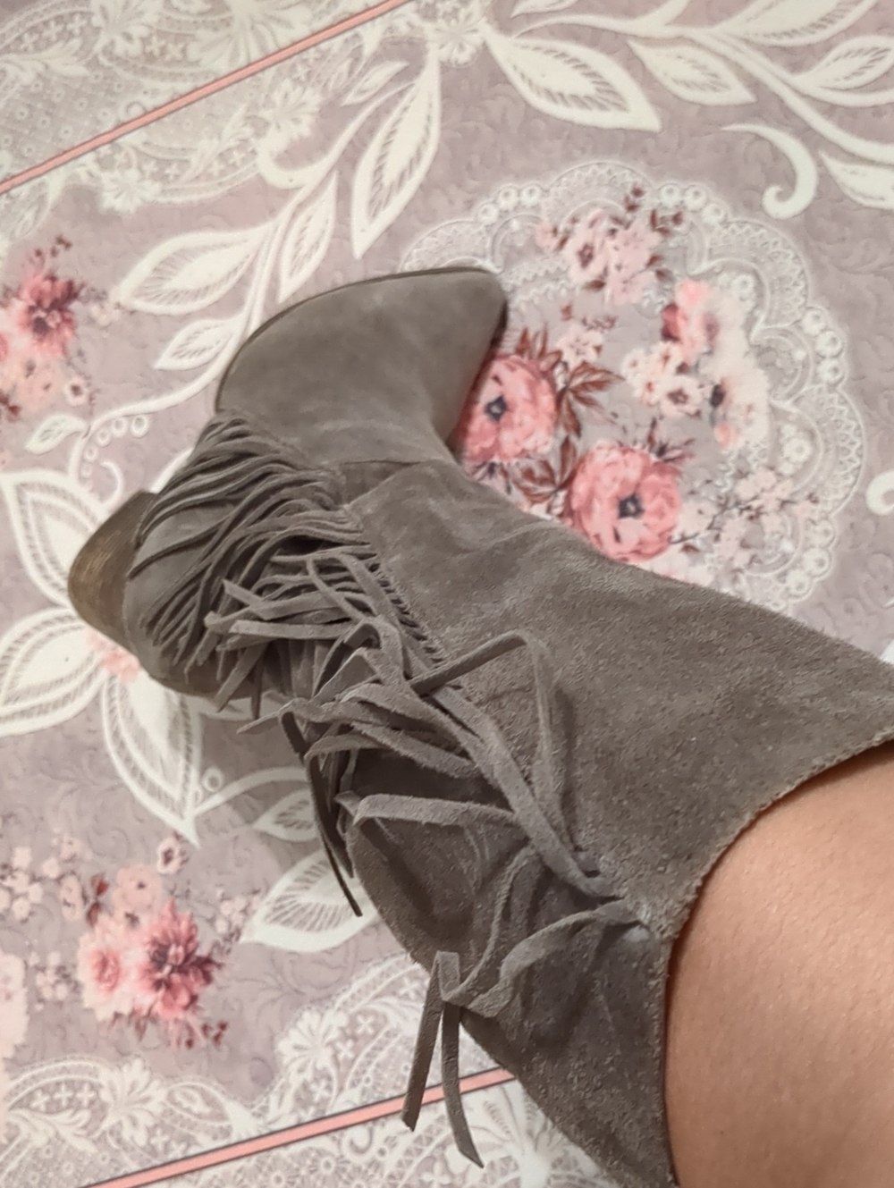 Steve Madden Taupe Suede Fringe Mid-Calf Heeled Boots